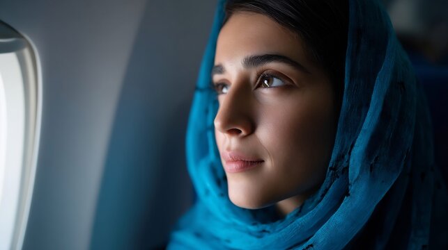 Pensive woman in hijab gazing out of airplane window during travel adventure
