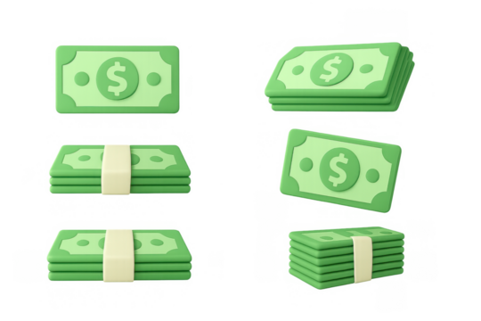 Cartoon style money stacks and dollar bills in various arrangements for financial themes