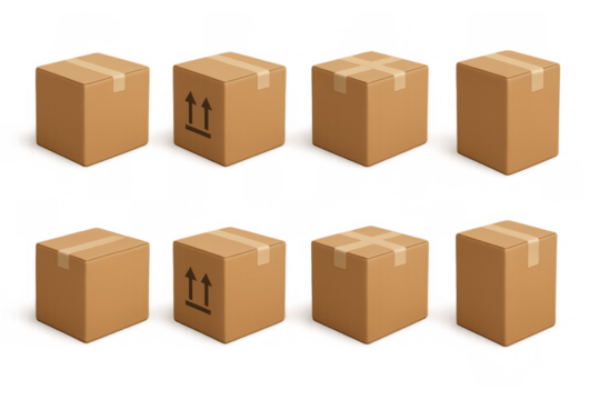 Set of cardboard boxes with different sealing styles on white background