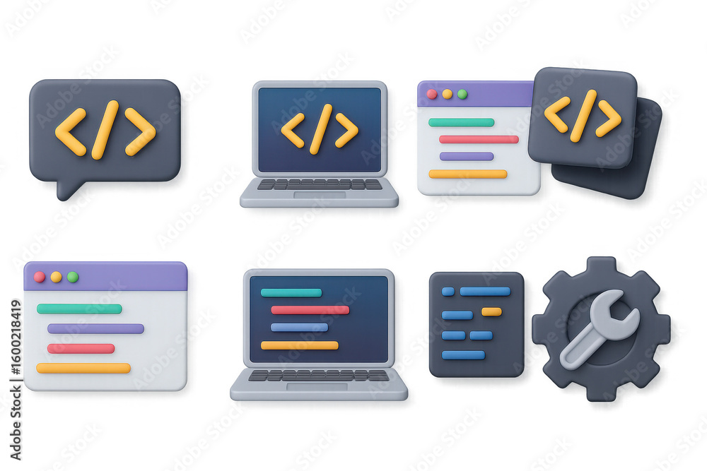 Poster 3d tech icons: laptop, code, gear, and speech bubble symbolizing programming and development