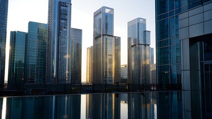 Tall glass skyscrapers reflecting golden sunlight on calm water modern architecture glass buildings