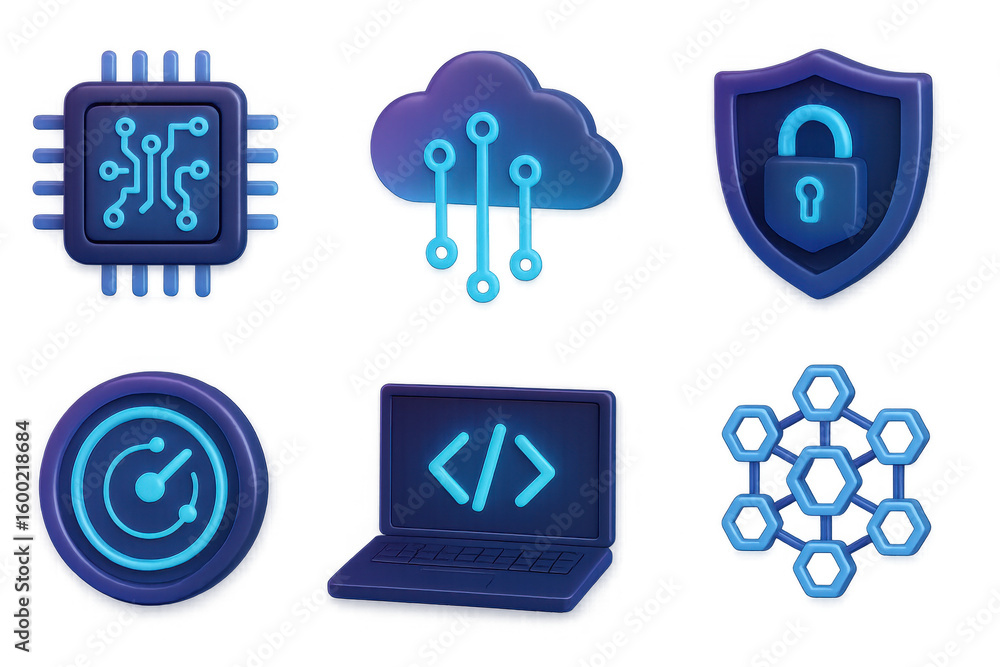 Aufkleber futuristic technology icons in 3d style featuring cloud, security, and computing elements