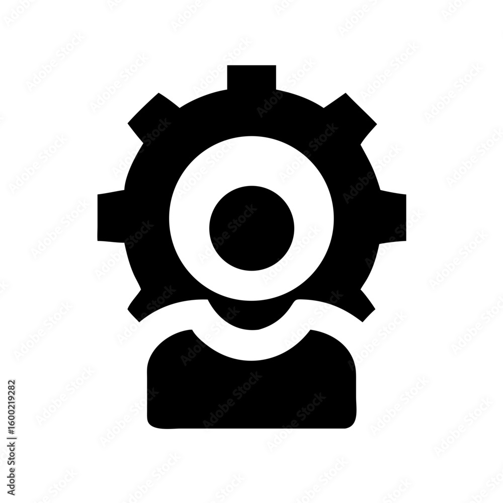 Poster gear head person icon for settings configuration and user control panel management interface design