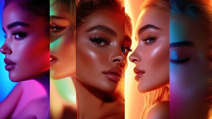 Close-up profile portraits of diverse women, vibrant color gradients