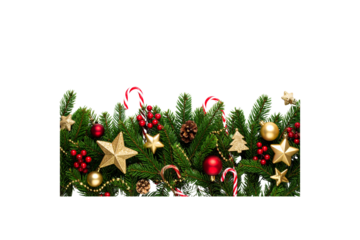 Festive christmas garland with ornaments and candy canes isolated on transparent background