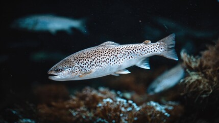 Two salmon fish swimming in clear river waters, showcasing distinct features of male and female species in a vibrant underwater environment