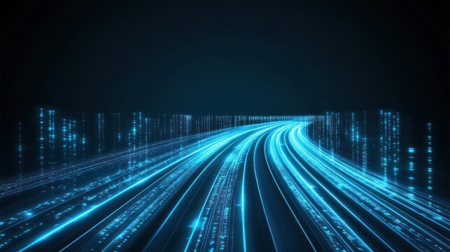 Digital highway with light streaks, city buildings and binary code
