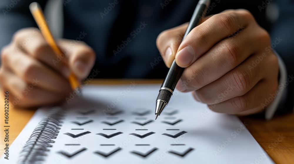 Poster business performance checklist, businessman using laptop to check and approve project documents for 