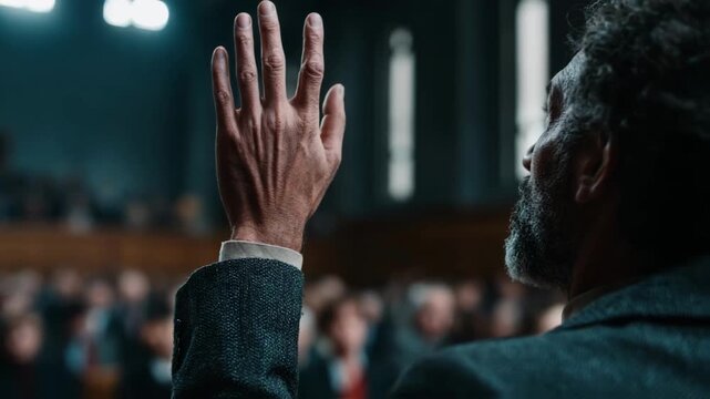 A man raises his hand in a crowded assembly, a powerful gesture representing taking an oath, volunteering, voting in a democracy, or asking a question during a public hearing