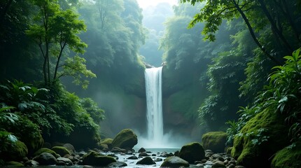Serene Waterfall in Lush Tropical Rainforest