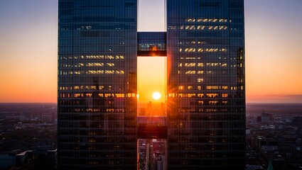 Twin glass towers framing golden sunset over cityscape architecture skyscraper