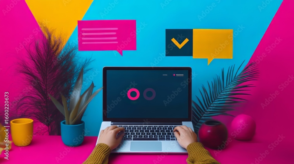 Poster business performance checklist, businessman using laptop to check and approve project documents for 