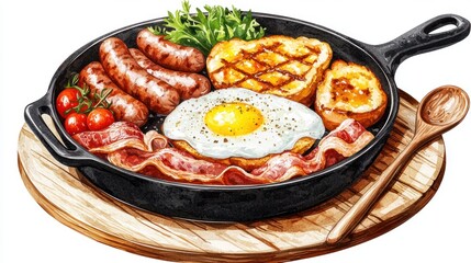 Colorful illustration of a hearty breakfast platter in a cast iron pan.