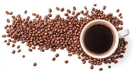 Naklejka premium Coffee beans scattered around a white cup of dark coffee