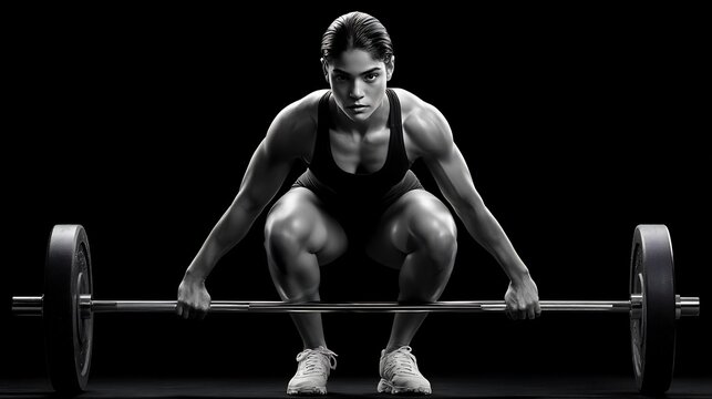 Powerful female athlete lifting barbell in black and white studio setting
