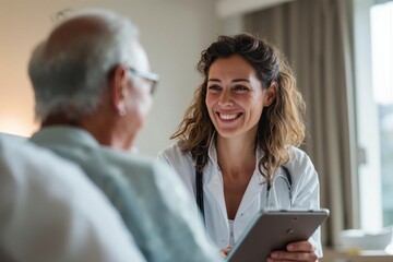 Smiling female doctor consulting happy senior male patient using digital tablet in bright modern medical clinic or hospital setting

