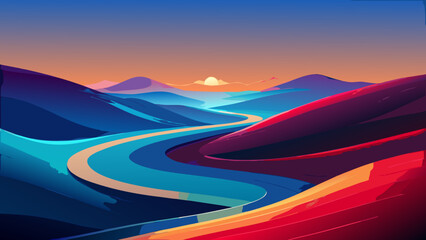 Colorful Abstract Landscape Sunrise Backgrounds – Winding River & Sunset Scenery