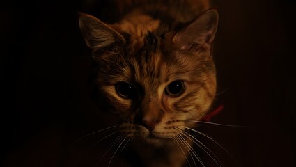 Orange tabby cat with dark background and red collar feline ginger