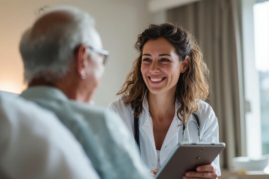 Smiling female doctor consulting happy senior male patient using digital tablet in bright modern medical clinic or hospital setting

 - Powered by Adobe