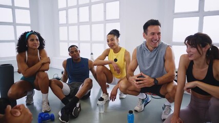 Diverse group of athletes sharing triumphant moment, celebrating successful workout with warm embrace, radiating team spirit and mutual support - Powered by Adobe