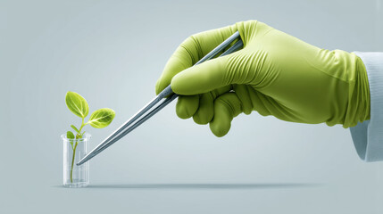 a hand in a green glove using tweezers to place a small plant sprout into a test tube. on Light gray background, even lighting. 3D Illustration.