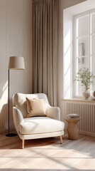 Bright minimalist living room in vertical layout, soft natural light from window, standing lamp beside a cozy armchair, light wooden floor, neutral color palette
