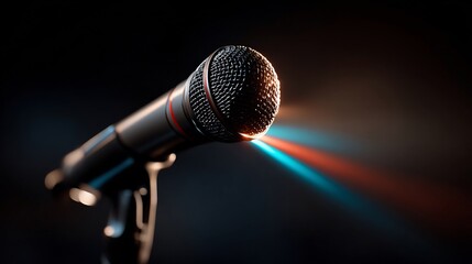 Professional microphone on a stand with striking blue and red light effects