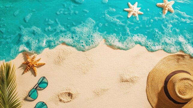 Hello summer beach top view travel and vacation background. Use for banner template, greeting card, invitation, wave and sand poster
