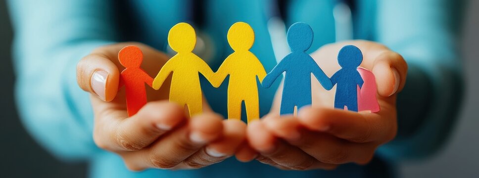 close up of human hands holding cardboard cutouts of people, concept of statistics, family well-being