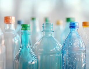 graphic background with plastic blue bottles on blue background, plastic recycling and processing