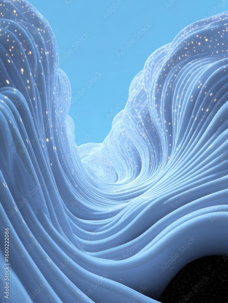 Poster abstract digital art piece that appears to be a wave or a tunnel. the background is a deep blue colo