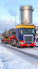 Obraz premium Large blue industrial pipe transported on a crane platform truck along the highway during overcast weather conditions
