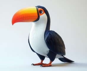 Naklejka premium A Colorful, Cartoonish Toucan Character with a Large Orange Beak and Vibrant Plumage, Set Against a Clean White Background, Perfect for Illustrations and Children's Media