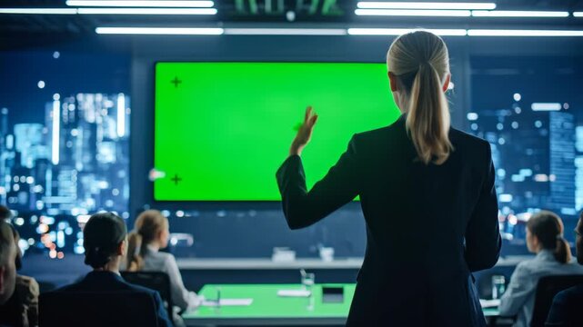 Back View of a Female Executive Presenting to an Audience on a Large Green Screen in a Futuristic Boardroom
