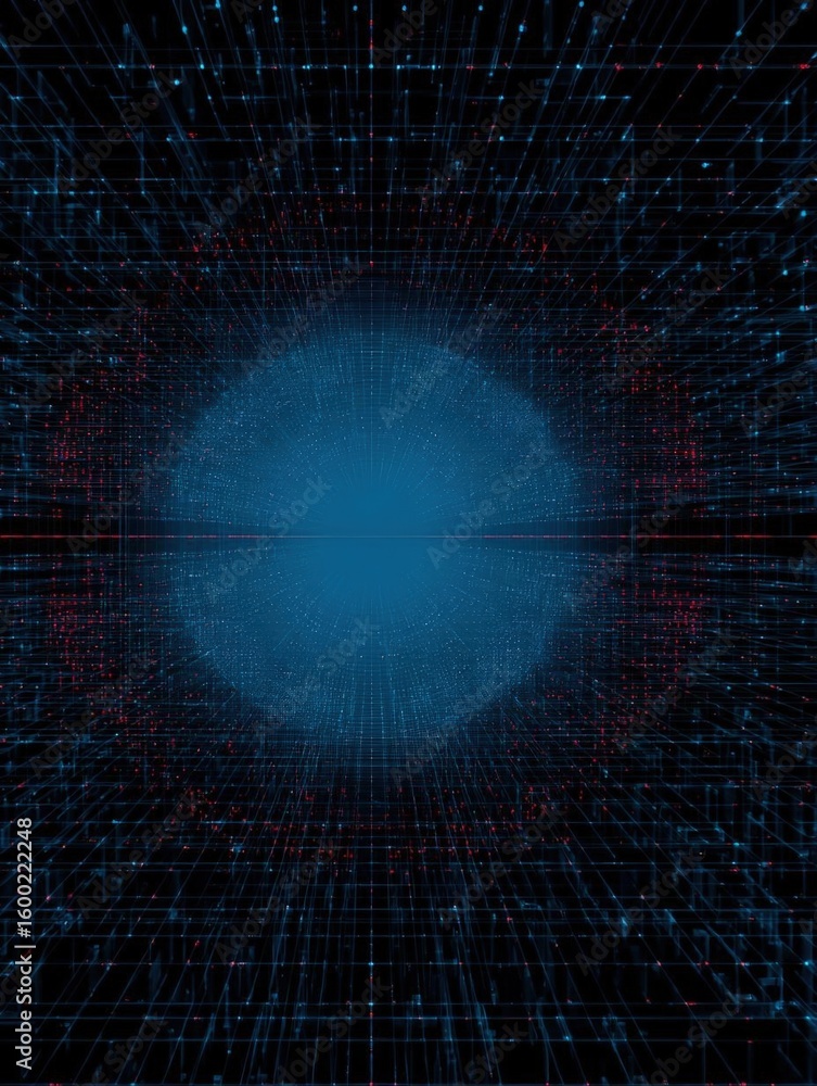 Poster digital art piece that appears to be a futuristic or technological design. it has a dark blue backgr