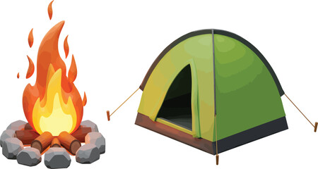 vector, illustration, green tent and campfire