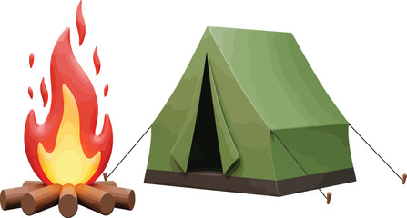 vector, illustration, green tent and campfire