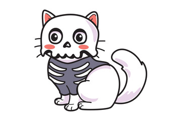 Adorable skeleton cat character wearing a rib cage costume with big eyes and playful smile. Halloween theme concept