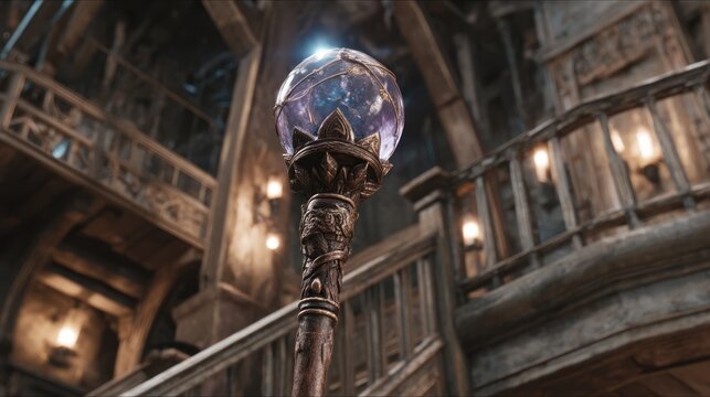 Magical staff with gemstone orb in grand interior
