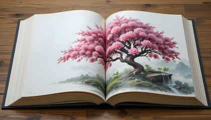 a tree and a small stream between the pages of a book  4k pc wallpaper