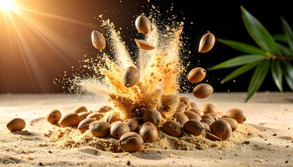 Kacang utuh dan setengah meledak dari bubuk berpasir dengan sinar matahari yang cerah dan daun hijau di latar belakang ditangkap dalam gerakan dinamis