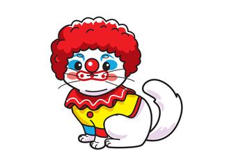 Playful clown cat character adorned with colorful wig and nose, wearing vibrant costume with cheerful expression. Circus theme concept