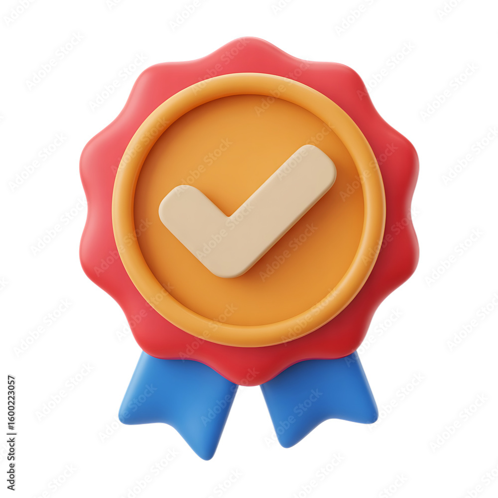 Poster a 3d rendered badge with a check mark and ribbons is isolated on white isolated on transparent backg