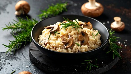 Creamy mushroom risotto in a dark bowl