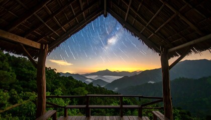 Sudut pandang kayu menghadap ke pegunungan berkabut dan langit berbintang dengan hujan meteor saat senja