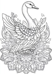 Ornate Swan Coloring Page with Floral Mandala