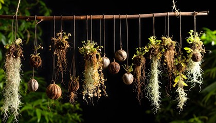 Tampilan artistik tanaman kokedama yang menggantung dan polong benih kering yang digantung dari cabang kayu pedesaan dengan latar belakang gelap dan kabur