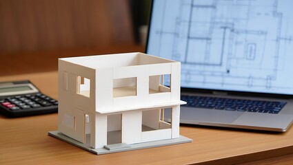 White paper house model with calculator and architectural plans on laptop architectural model blueprint