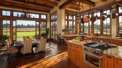 A rustic kitchen with expansive views of a countryside landscape.