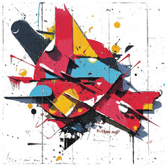 Vibrant abstract graffiti art on a white wall, featuring dynamic geometric shapes and colorful splatters in a street art style